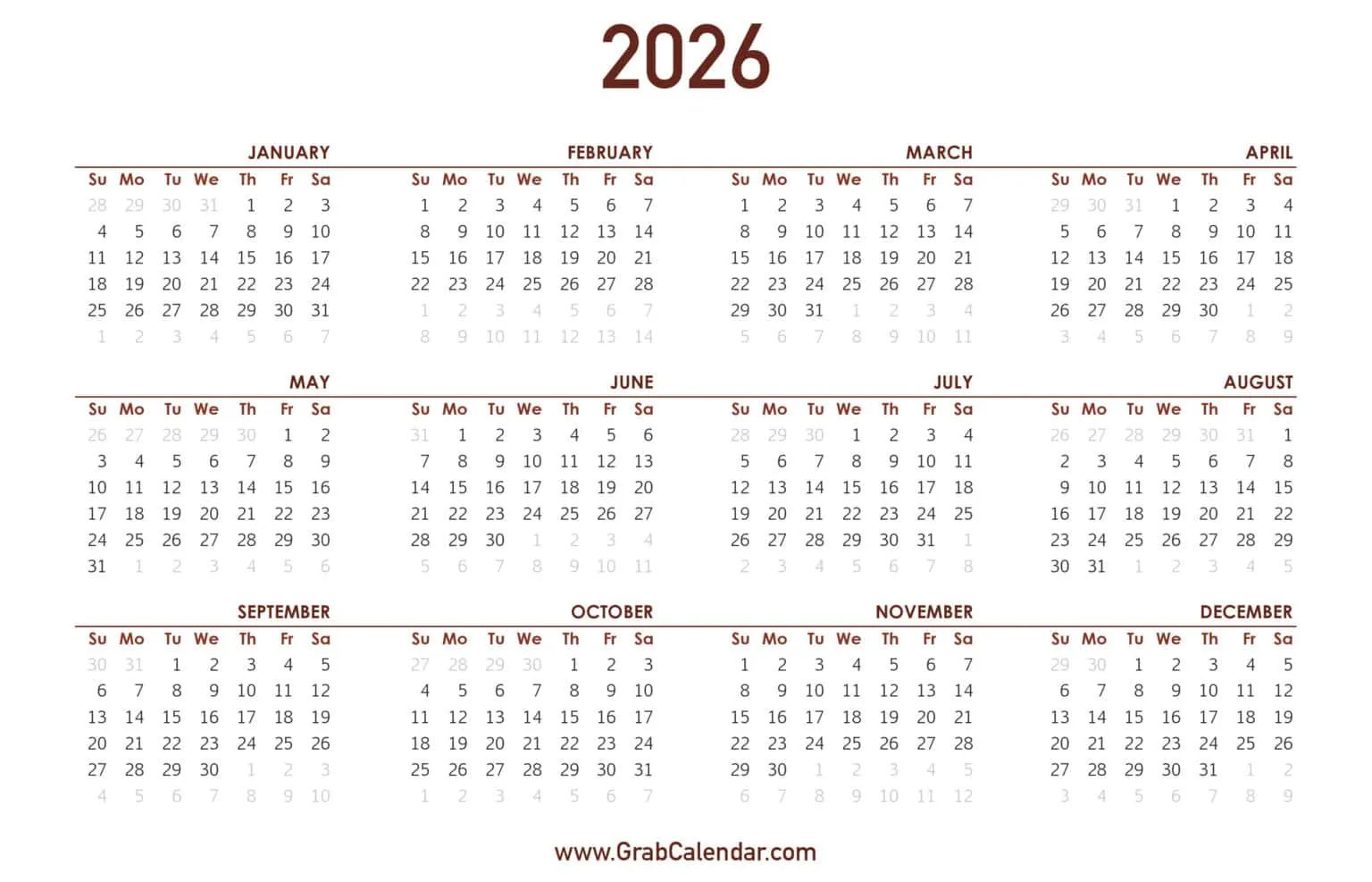 A full-year 2026 calendar overview showing all twelve months together